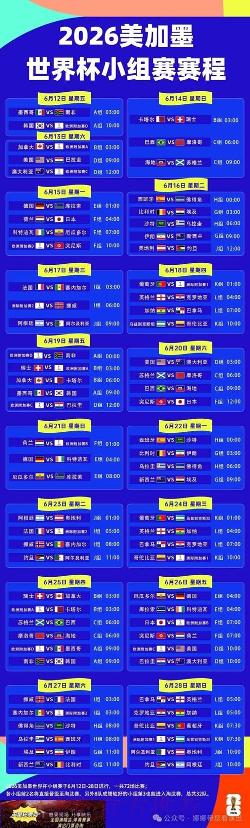 2026世界杯每日赛程最新最新时间表查询入口